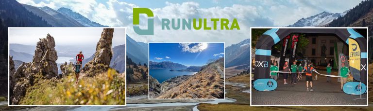 A trio of three images on a background image of mountains showing the scenes from a race around a lake.