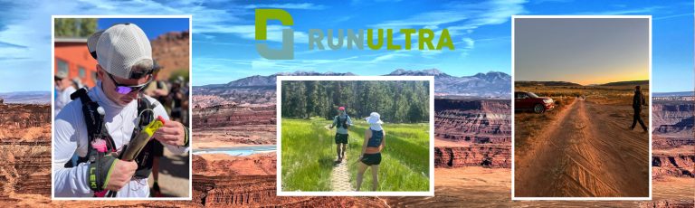 Collage of three images of a man during a race on the background of a beautiful desert scene