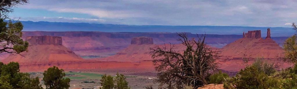 Red sandstone cliffs and mesas rise above desert scrub near Moab.
